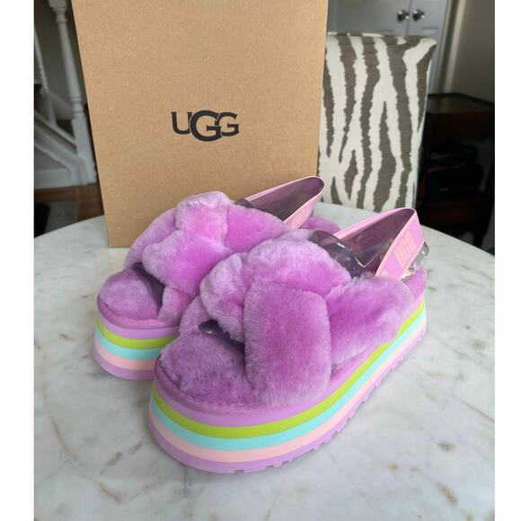UGG Pink Rainbow Platform Disco Knot Genuine Shearling Slide Slippers - Picture 1 of 14